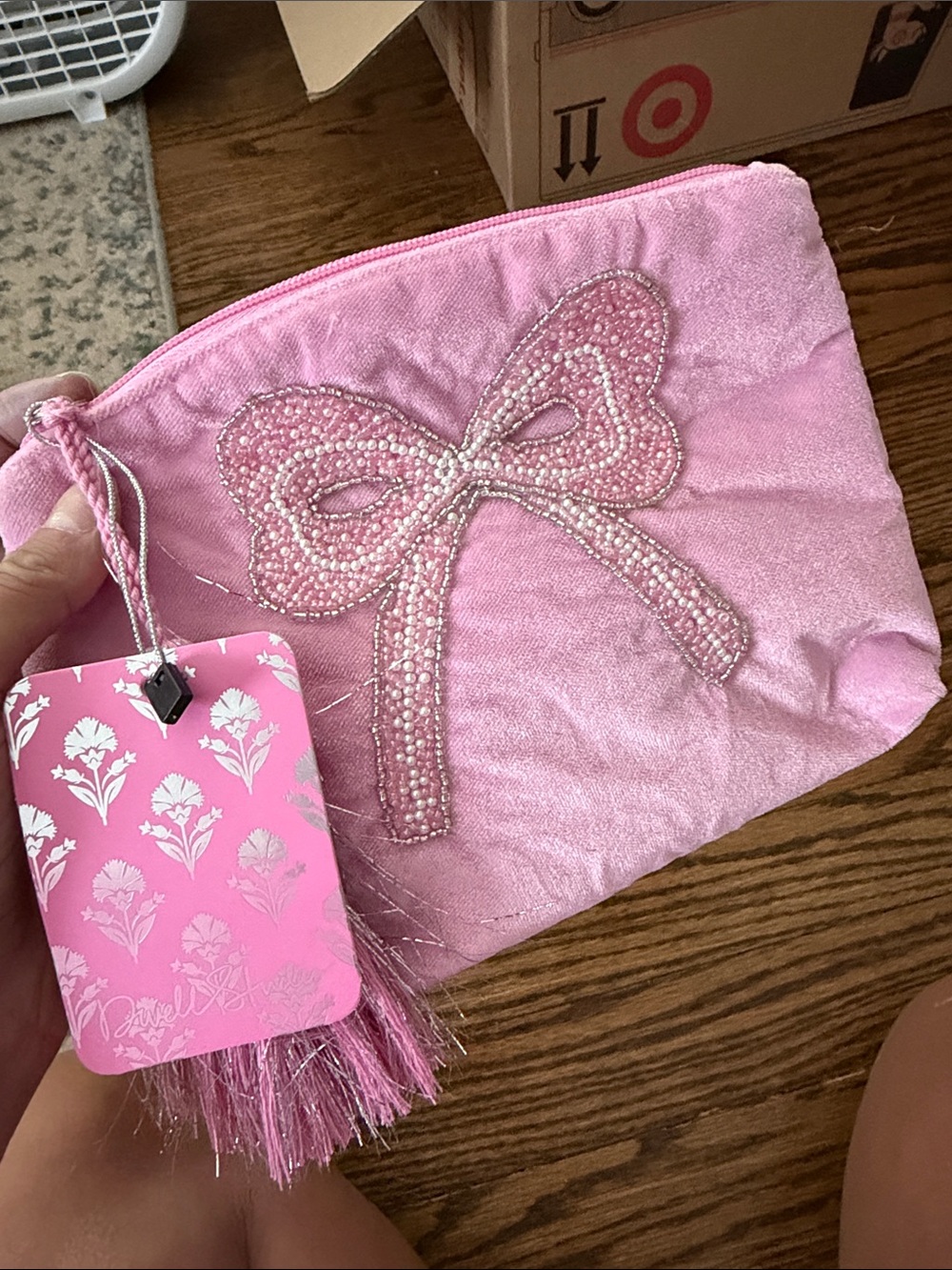 Pink Bow Velvet and Beaded Cosmetic Pouch